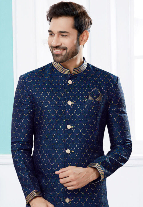 Woven Art Silk Jacquard Sherwani in Navy Blue