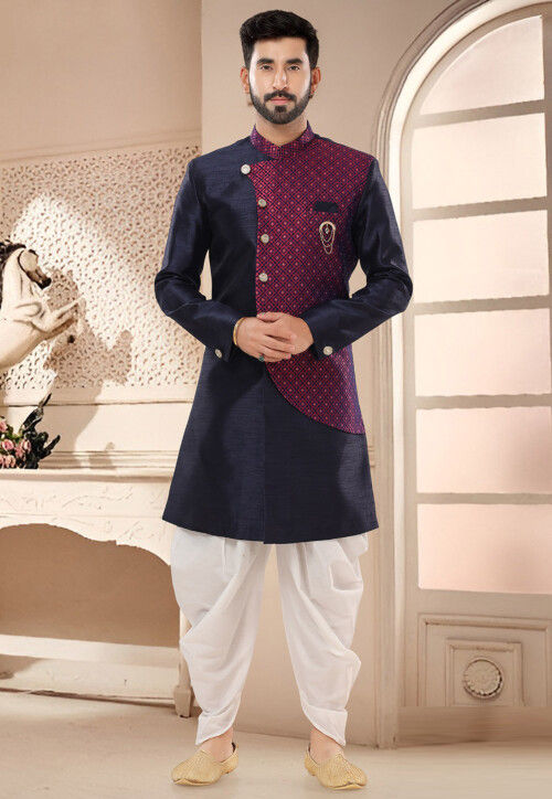 Woven Art Silk Jacquard Sherwani in Navy Blue