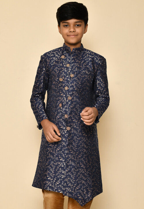 Woven Art Silk Jacquard Sherwani in Navy Blue