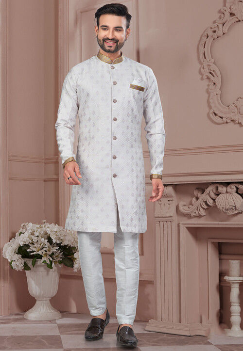 Woven Art SIlk Jacquard Sherwani in Off White