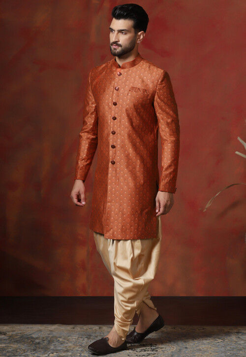Woven Art Silk Jacquard Sherwani in Orange