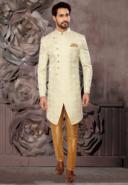 Woven Art Silk Jacquard Sherwani in Pastel Green