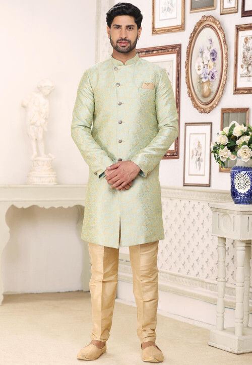 Woven Art Silk Jacquard Sherwani in Pastel Green