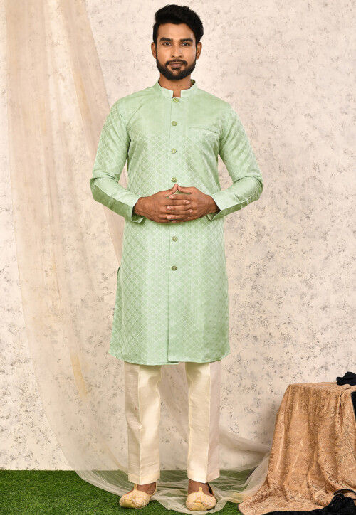 Woven Art Silk Jacquard Front Open Kurta Set in Pastel Green