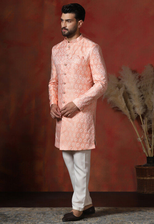 Woven Art Silk Jacquard Sherwani in Peach