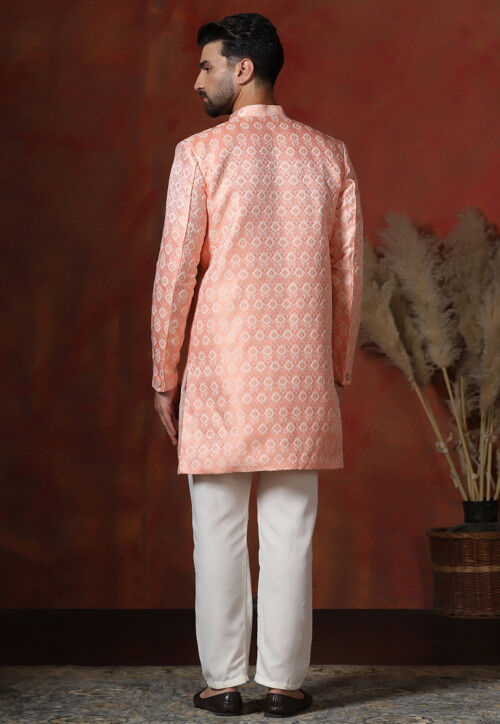 Woven Art Silk Jacquard Sherwani in Peach