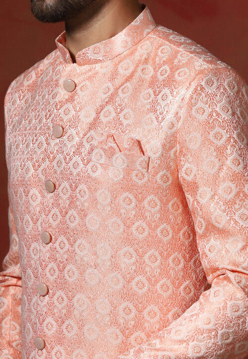 Woven Art Silk Jacquard Sherwani in Peach