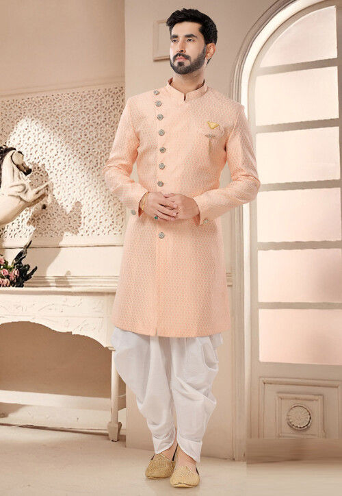 Woven Art Silk Jacquard Sherwani in Peach
