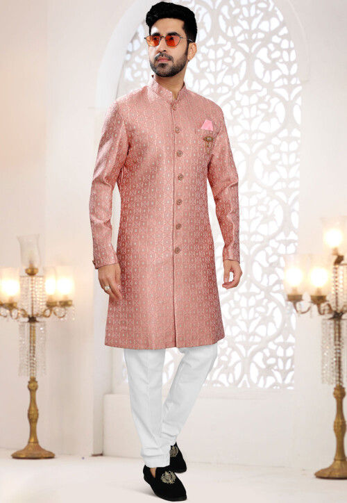 Woven Art Silk Jacquard Sherwani in Pink