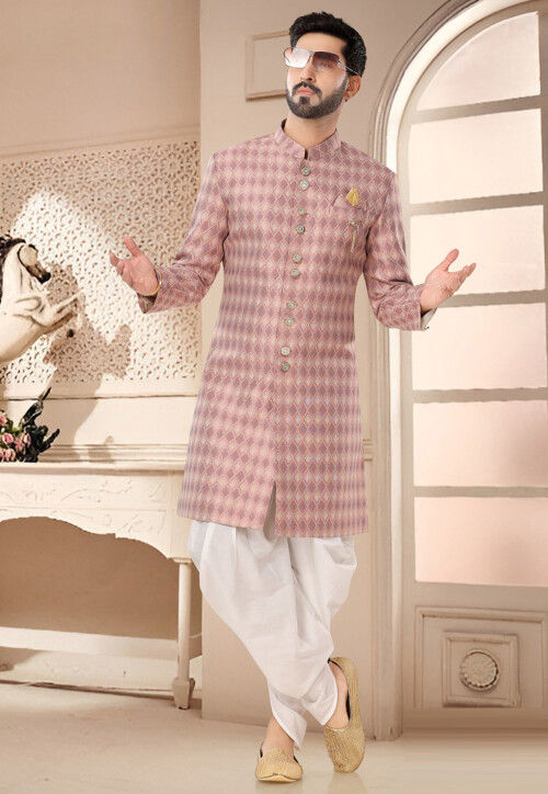 Woven Art Silk Jacquard Sherwani in Pink