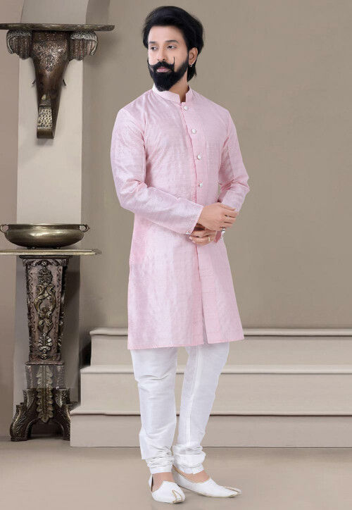 Woven Art Silk Jacquard Kurta Set in Pink