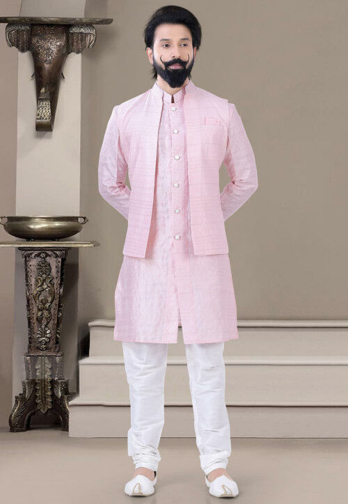 Woven Art Silk Jacquard Sherwani in Pink