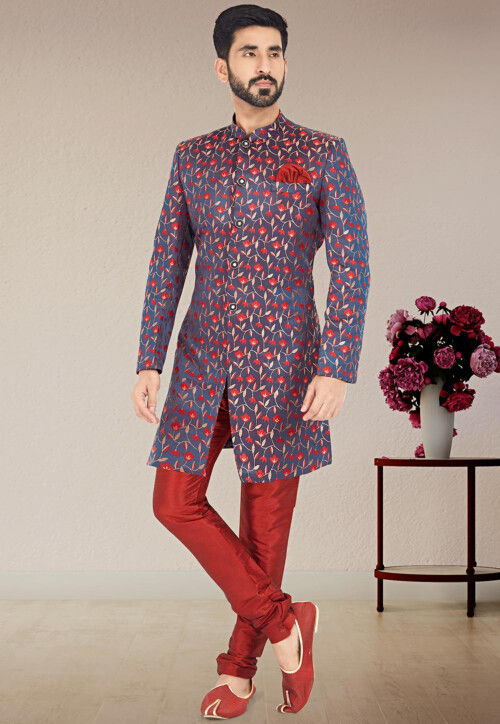 Woven Art Silk Jacquard Sherwani in Purple