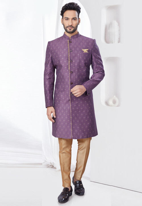Woven Art Silk Jacquard Sherwani in Purple