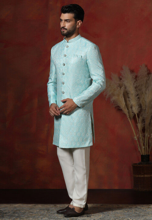 Woven Art Silk Jacquard Sherwani in Sky Blue