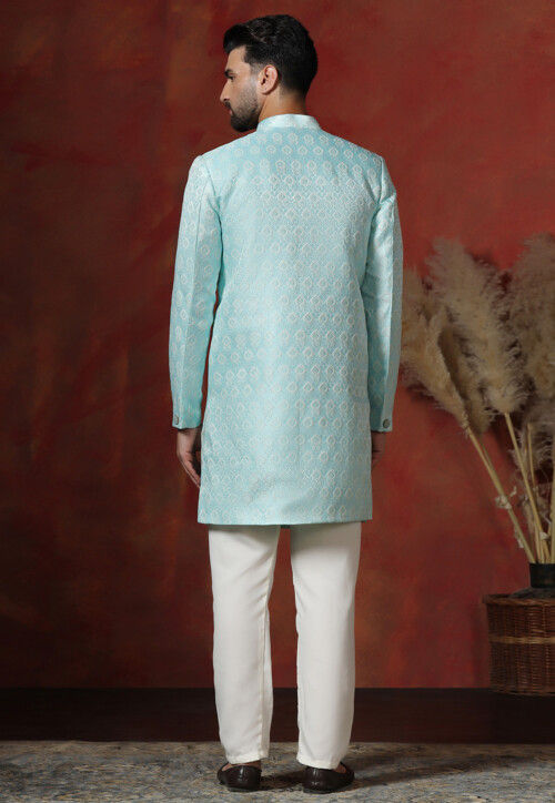 Woven Art Silk Jacquard Sherwani in Sky Blue