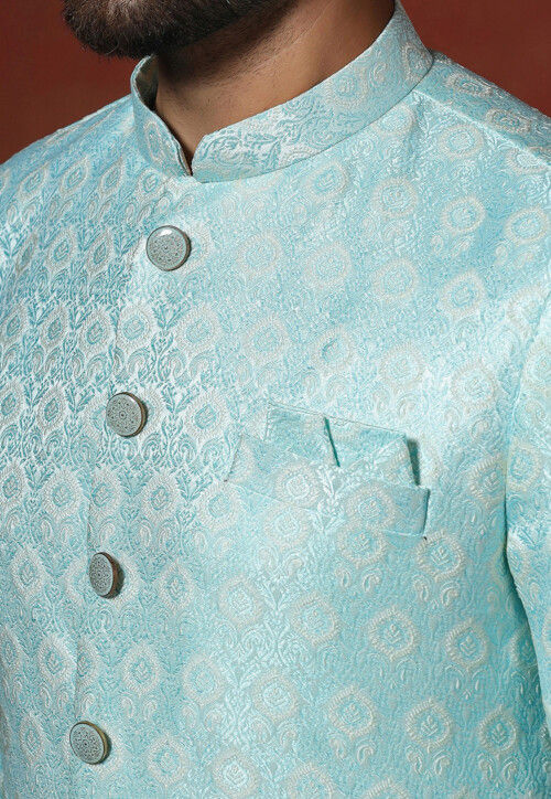 Woven Art Silk Jacquard Sherwani in Sky Blue