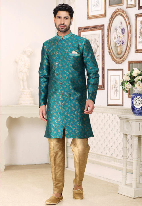 Woven Art Silk Jacquard Sherwani in Teal Blue