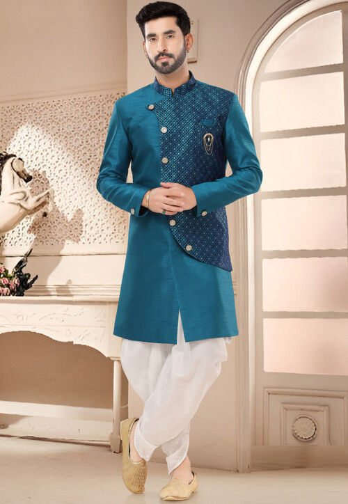 Woven Art Silk Jacquard Sherwani in Teal Blue