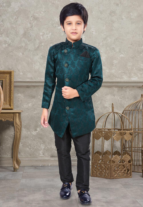 Woven Art Silk Jacquard Sherwani in Teal Green