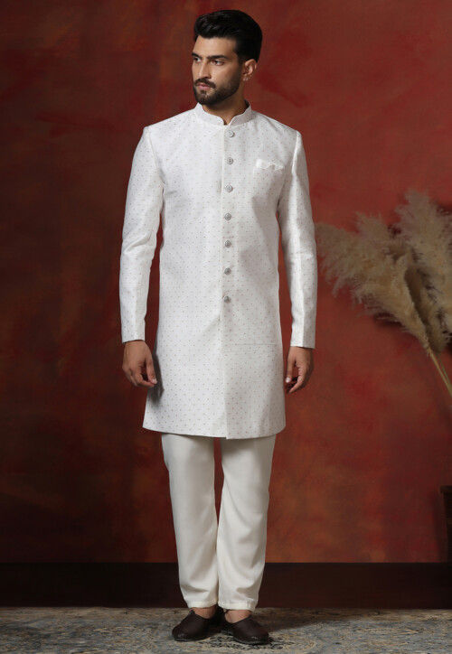 Woven Art Silk Jacquard Sherwani in White