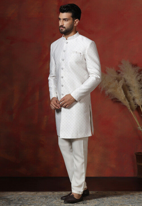 Woven Art Silk Jacquard Sherwani in White