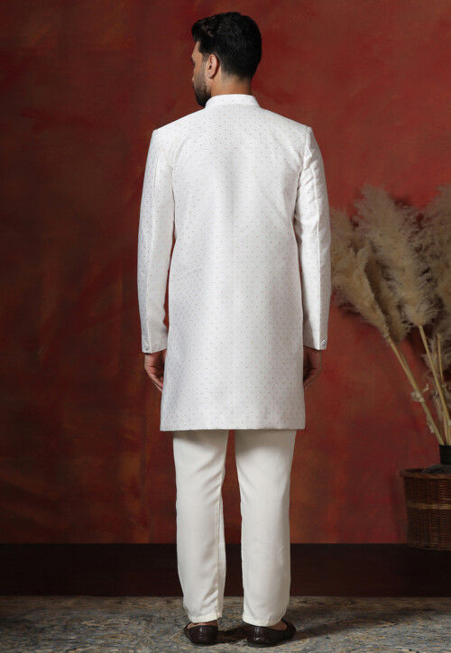 Woven Art Silk Jacquard Sherwani in White