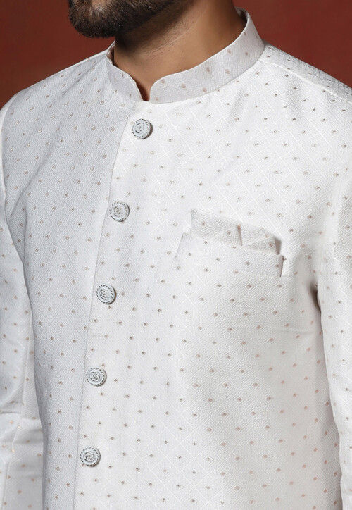 Woven Art Silk Jacquard Sherwani in White