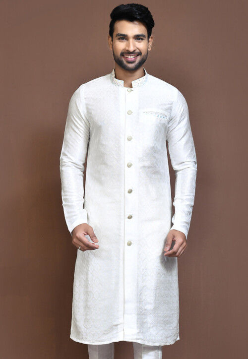 Woven Art Silk Jacquard Sherwani in White