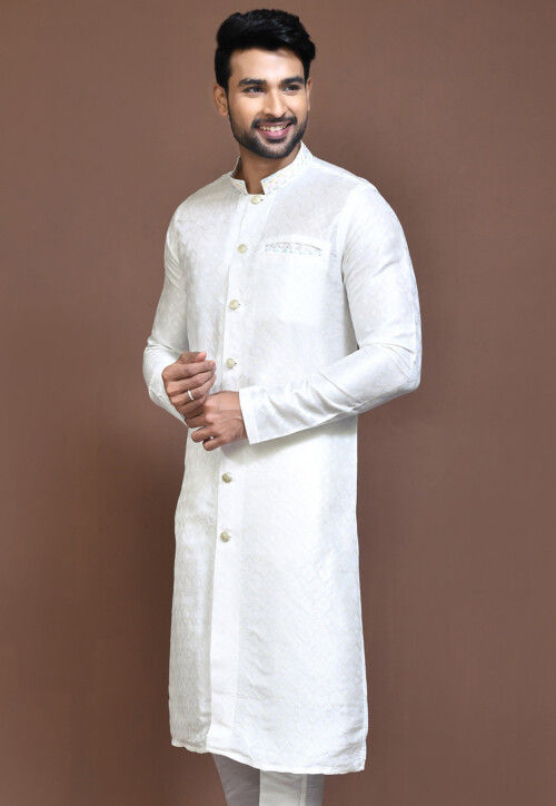 Woven Art Silk Jacquard Sherwani in White