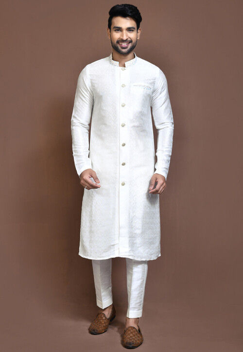 Woven Art Silk Jacquard Sherwani in White