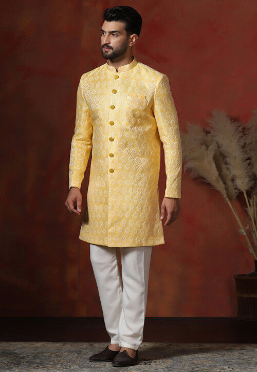 Woven Art Silk Jacquard Sherwani in Yellow