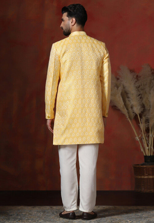 Woven Art Silk Jacquard Sherwani in Yellow