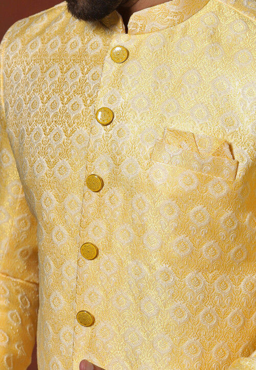 Woven Art Silk Jacquard Sherwani in Yellow
