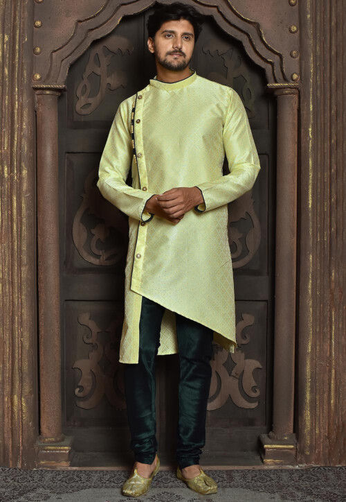 Woven Art Silk Jacquard Sherwani in Yellow
