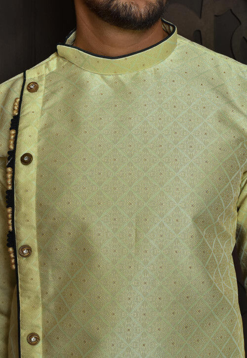 Woven Art Silk Jacquard Sherwani in Yellow