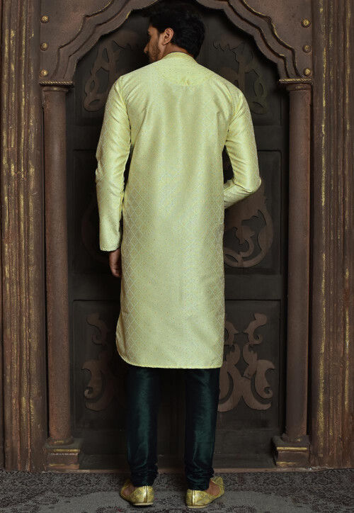 Woven Art Silk Jacquard Sherwani in Yellow