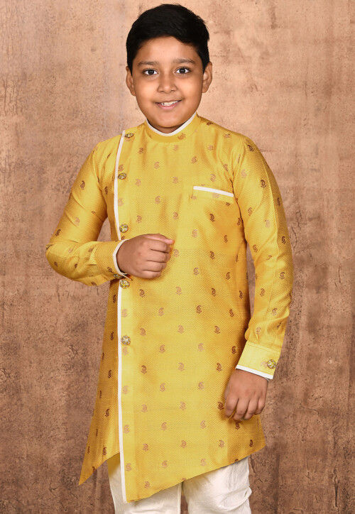 Woven Art Silk Jacquard Sherwani in Yellow
