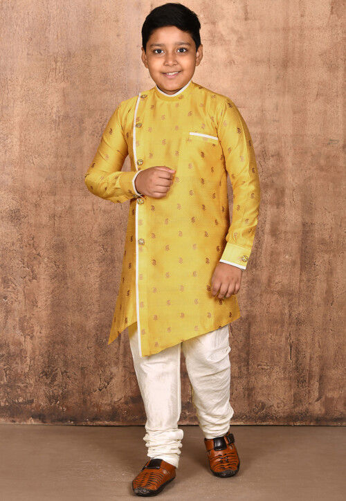 Woven Art Silk Jacquard Sherwani in Yellow