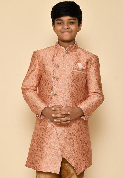 Woven Art Silk Jacquard Sherwani Set in Peach