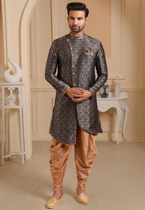 Woven Art Silk Jacquard Sherwani with Peshawari in Navy Blue