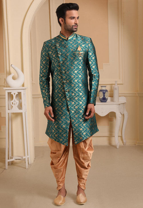 Woven Art Silk Jacquard Sherwani with Peshawari in Teal Green