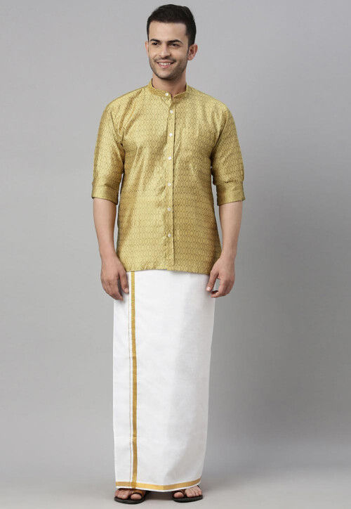 Buy Woven Art Silk Jacquard Shirt Mundu Set in Dark Beige Online MTR3043 Utsav Fashion