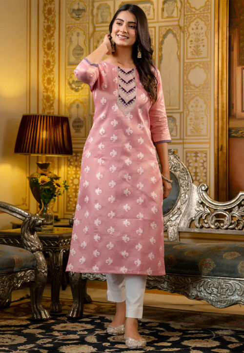 Woven Art Silk Jacquard Straight Kurta in Pink