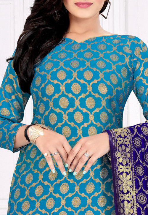 Buy Woven Art Silk Jacquard Straight Suit in Blue Online : KBNQ2603 ...