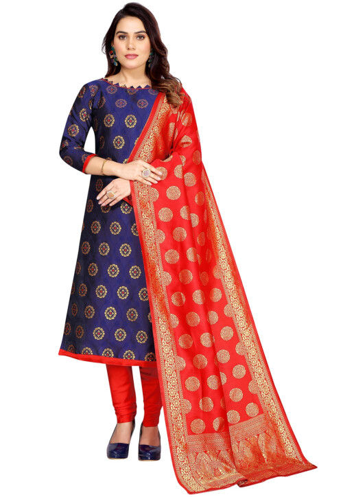 Woven Art Silk Jacquard Straight Suit in Royal Blue