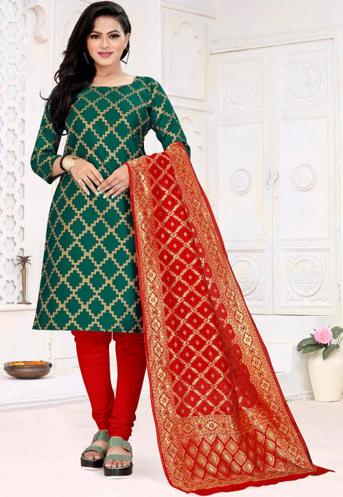 Woven Art Silk Jacquard Straight Suit in Teal Green