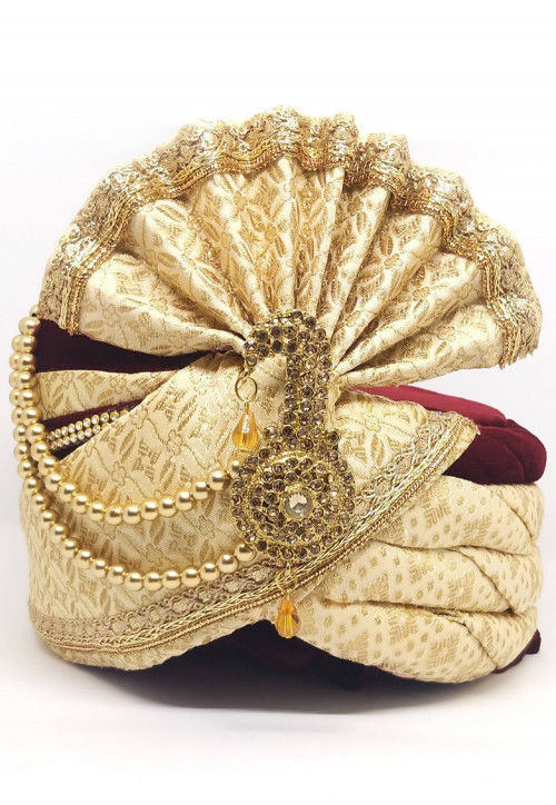 Woven Art Silk Jacquard Turban in Light Beige and Cream