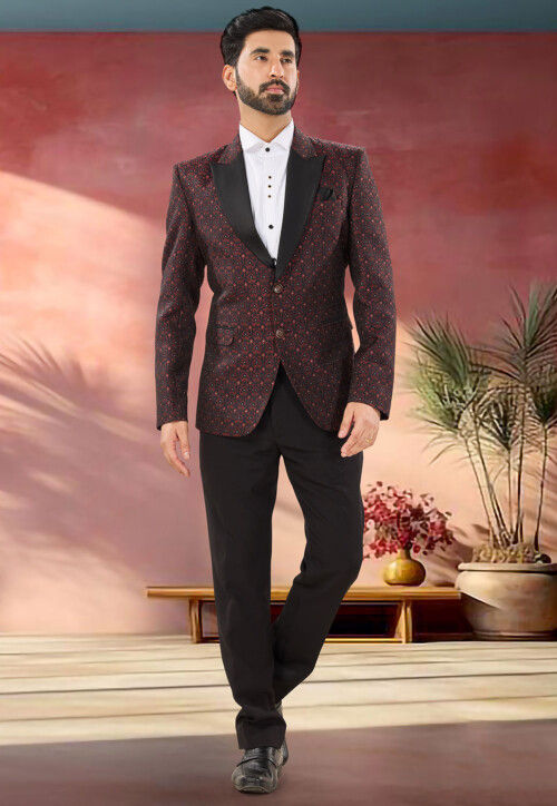 Woven Art Silk Jacquard Tuxedo in Maroon
