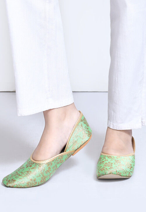 Woven Art Silk Jacquard Women Jutti in Sea Green